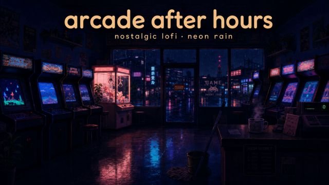 Closed arcade with neon rain outside